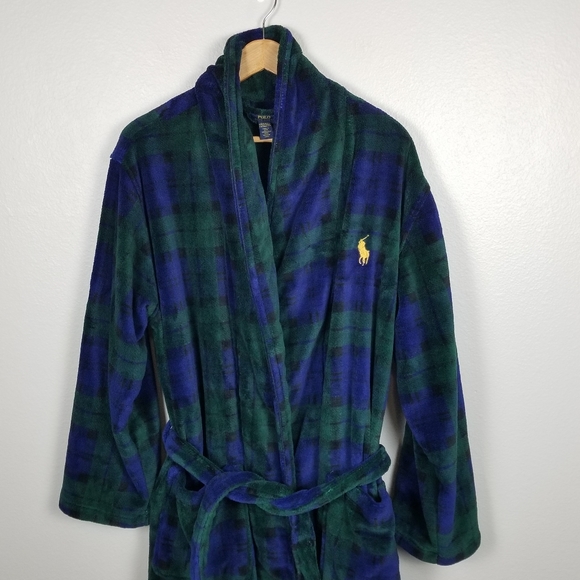 Polo Ralph Lauren Plaid Shawl Collar Blackwatch Tartan Plush Robe Size Small - Picture 4 of 12